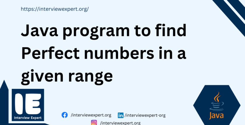 Take firstNum and lastNum as a range from the user. It uses a for loop with variable i starting from firstNum and ending at lastNum. Initialize a variable sum to 0. For each number i in the range, an inner for loop with variable fact checks divisibility from 1 to i-1. Inside for loop using an if statement if i is divisible by fact (i%fact==0), fact is added to sum. After completing inner loop, using an if statement checks if sum is equals to i. If true, it prints i, indicating i is a perfect number. After completing outer loop, close the scanner class.