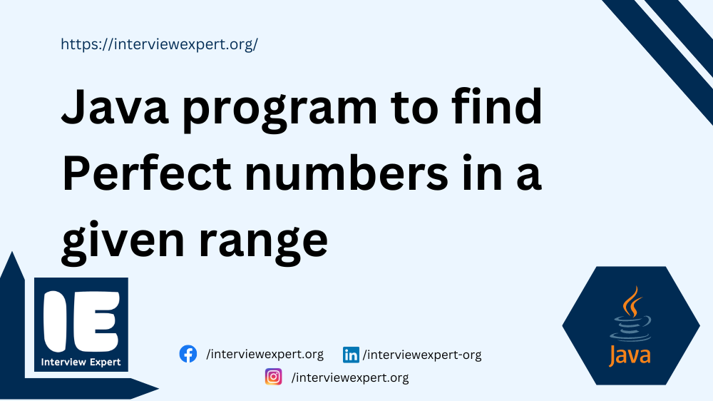 Take firstNum and lastNum as a range from the user. It uses a for loop with variable i starting from firstNum and ending at lastNum. Initialize a variable sum to 0. For each number i in the range, an inner for loop with variable fact checks divisibility from 1 to i-1. Inside for loop using an if statement if i is divisible by fact (i%fact==0), fact is added to sum. After completing inner loop, using an if statement checks if sum is equals to i. If true, it prints i, indicating i is a perfect number. After completing outer loop, close the scanner class.